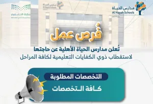 مطلوب معلمين ومعلمات (ناطقين بالعربية) لتدريس كافة التخصصات التعليمية ضمن المسار المصري في مدارس الحياة الأهلية المدينة المنورة علمآ أن الرواتب ممتازة