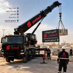 تأجير كرينات ورافعات في الخفجي والشرقية | 10–200 طن | كرينات متحركة وهيدروليكية وجنزير وتاور | معدات ثقيلة للإيجار | السامي للمعدات