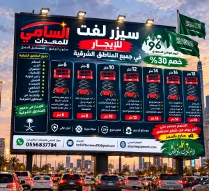 سيزر لفت ورافعات مقصيه  بجميع الارتفاعات للإيجار في بقيق جميع مناطق الشرقية |موديلات 2026–2027 | 12–18م |كهربائي وديزل مع أو بدون مشغل/السامي للمعدات